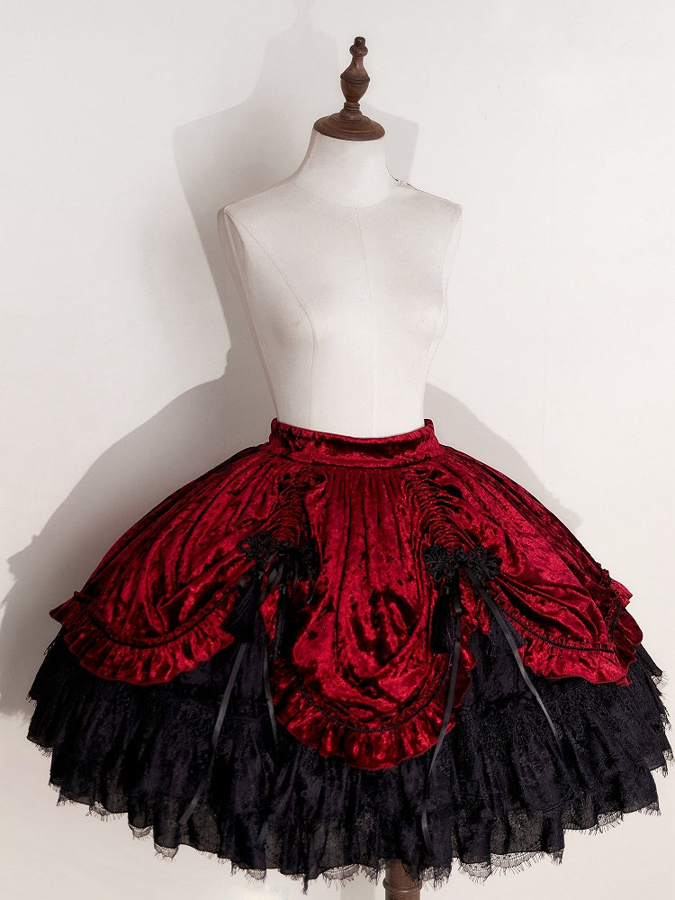 Red Gothic Lolita Velvet Tassel Knot Button Drawstring Skirt