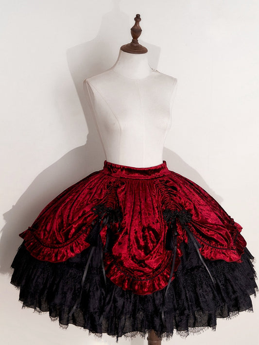 Red Gothic Lolita Velvet Tassel Knot Button Drawstring Skirt