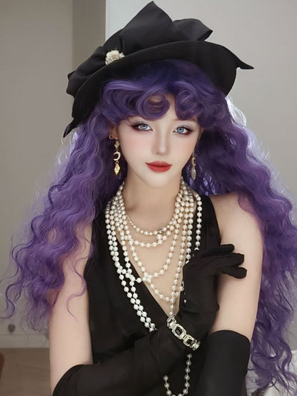 Purple Curly Bangs Long Wavy Synthetic Wig