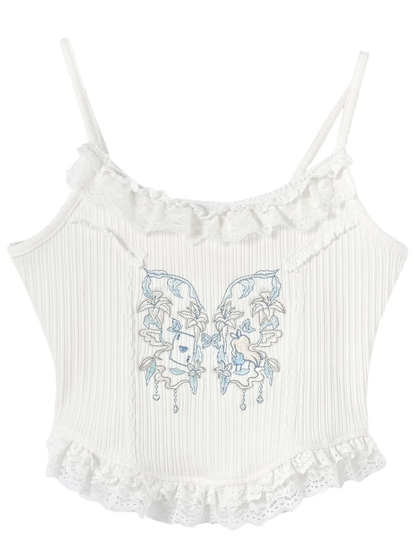 White Butterfly Embroidery Ruffled Lace Hem Holiday Cami Top