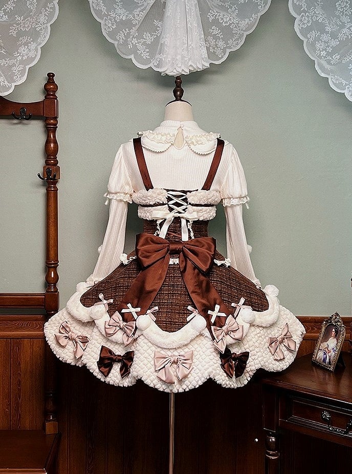 with Top Beige Sleeves Bows Knitted Long Pom-poms and