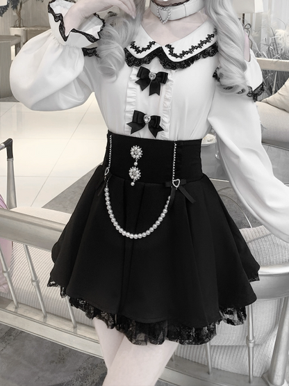 Detachable Trim with Design Lace Black Blouse Jirai Kei Peter Pan Collar Cutout Shoulder Contrast White Choker