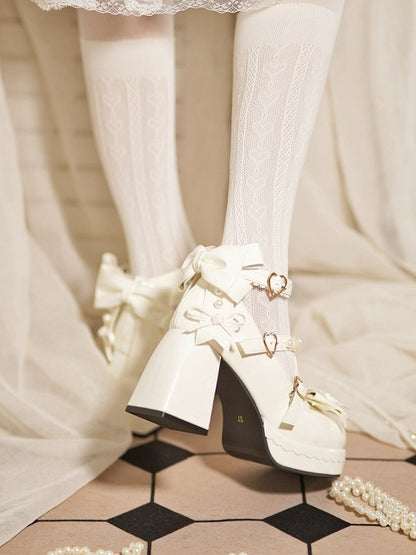 Platform Mary Block with Straps Crisscross - Janes Heel Buckle High Sweet Lolita White Heart Beaded