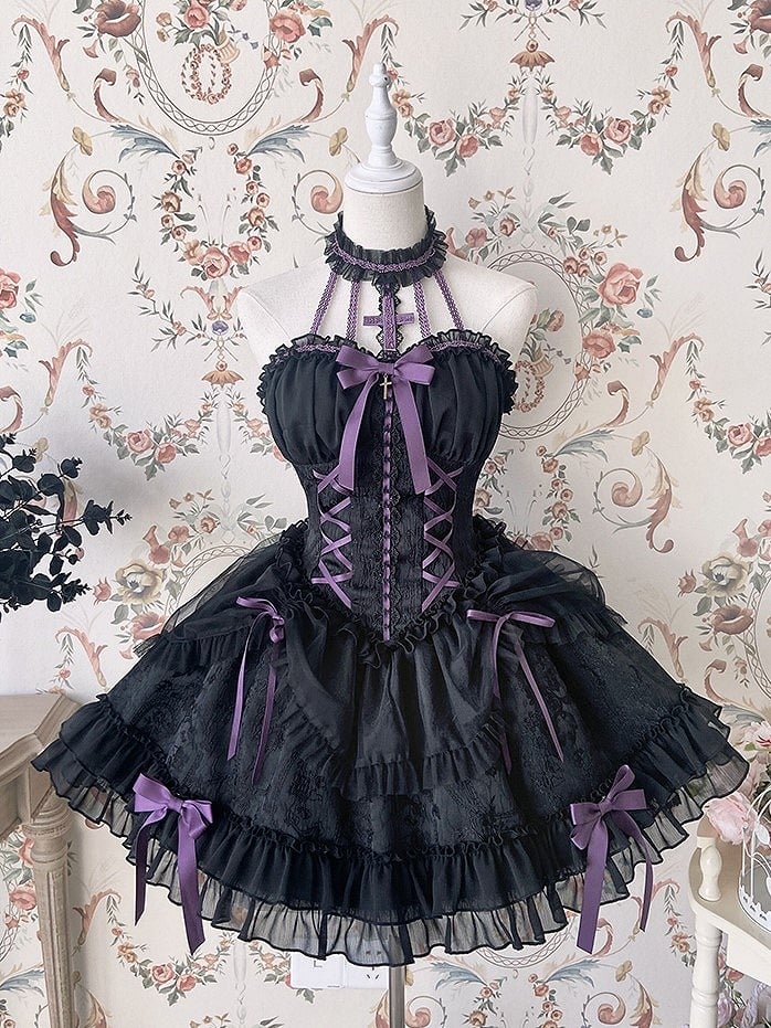 Neck Balletcore Corset Lolita Dress Pink Belle JSK Halter Cross