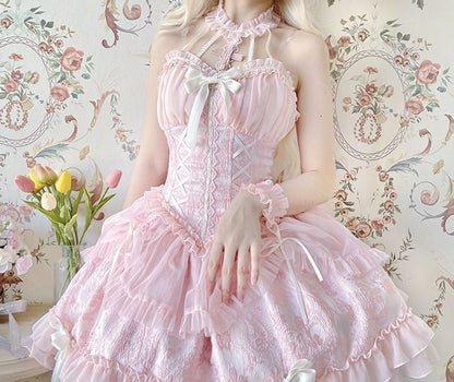 Neck Balletcore Corset Lolita Dress Pink Belle JSK Halter Cross
