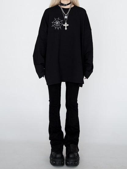 Spiderweb Embroidered Black Sweatshirt with Detachable Metal Spider