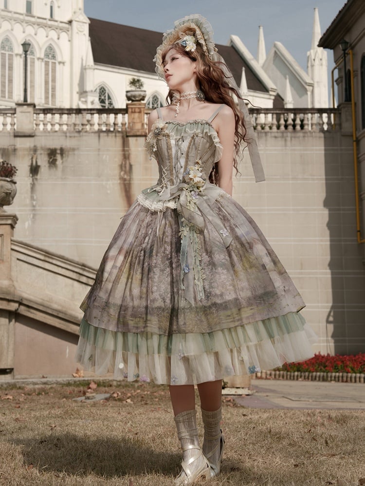 Jupe Lolita en tulle à imprimé floral et peinture à l'huile verte