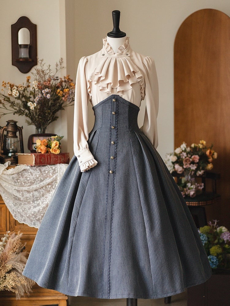 Jupe Lolita classique élégante taille haute bleu foncé poussiéreux vintage printemps