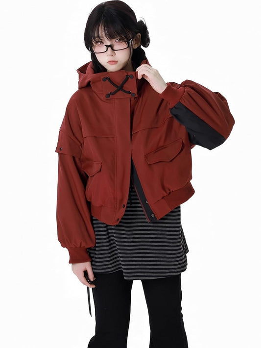 Red and Black Colorblock Sleeves Hooded Crop Jacket