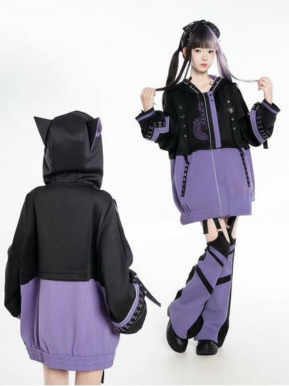 Cyberpunk Set: J-Style Coord Detachable Jacket Futuristic Purple Black and