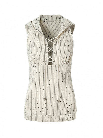 Print Top White Star Pattern Lace-up Sleeveless Hoodie Striped Detail
