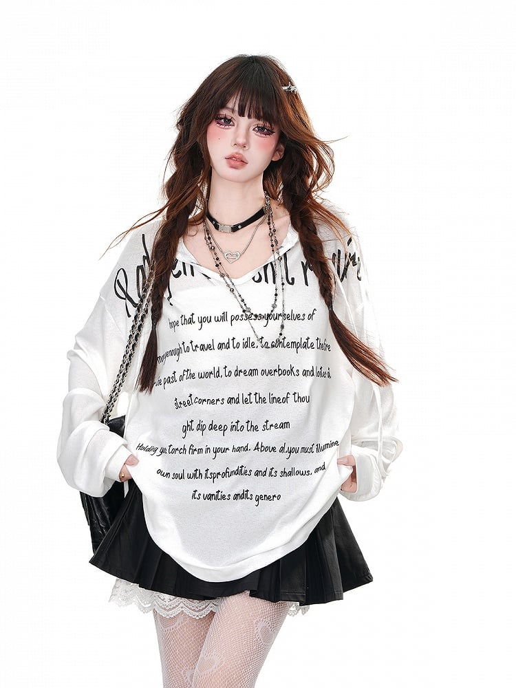 Black/White/Blue Semi-sheer V-neck Letter Loose Hoodie