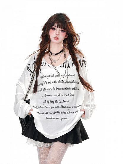 Hoodie V-neck Black/White/Blue Letter Print Loose Semi-sheer