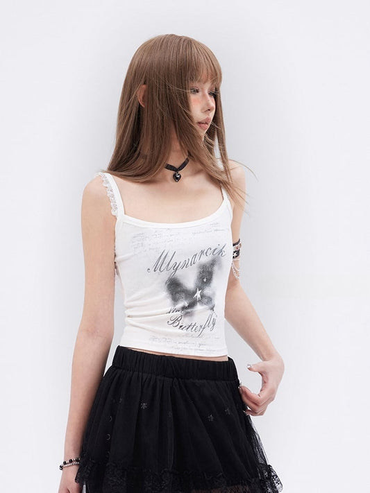 Cami Top Butterfly Print Lace Trim White Glamorous Slim-fitting