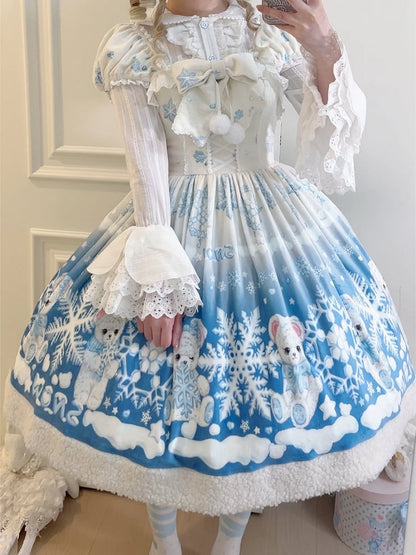 Teddy and Snowflake Blue Winter Fleece Hemline Sweet Lolita Dress