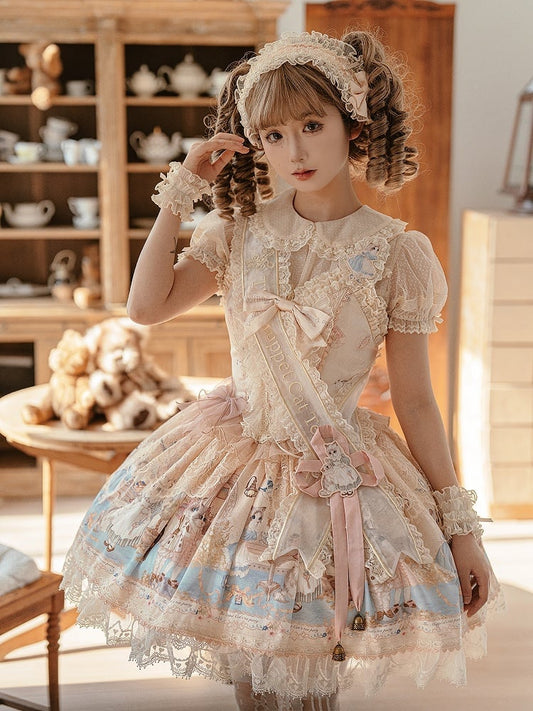 Kleid Volles Mieder Print Teeparty Korsett Set Lolita Kitty Sweet JSK Beige