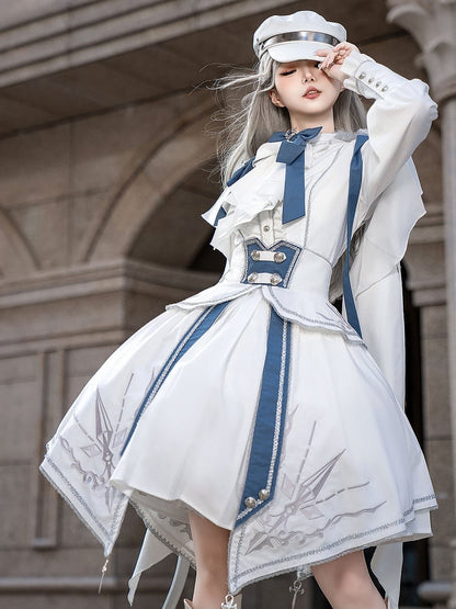 White and Blue Military Lolita Outfit Long Sleeves Top High Waist Skirt