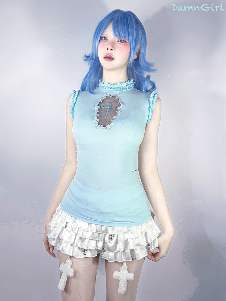 Goth Sleeveless Top Light Blue Mock Neck Coffin-Shaped Cutout Pastel