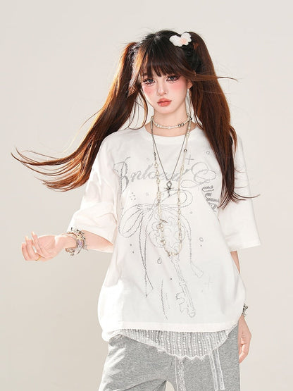 T-Shirt Loose Blue/White Key and Bowknot Print Lace Trim