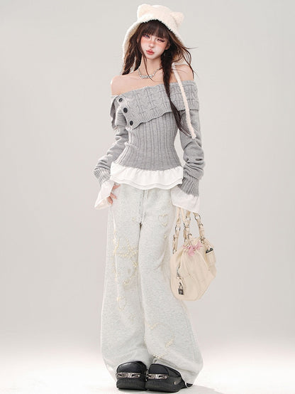 Grau/Marineblauer, schulterfreier Pullover mit schmaler Passform, Saum und Bündchen im Patchwork-Stil