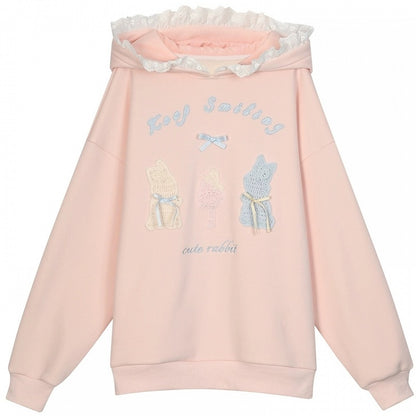 Pink Cute Crocheted Bunnies Details Fleece Lined Hoodie