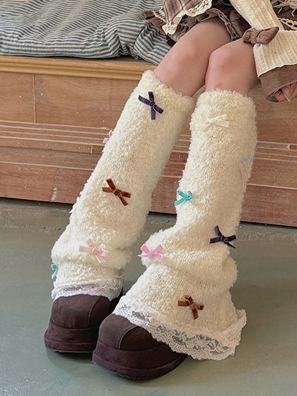 White Sweet Bowknot Lace Trim Leg Warmers