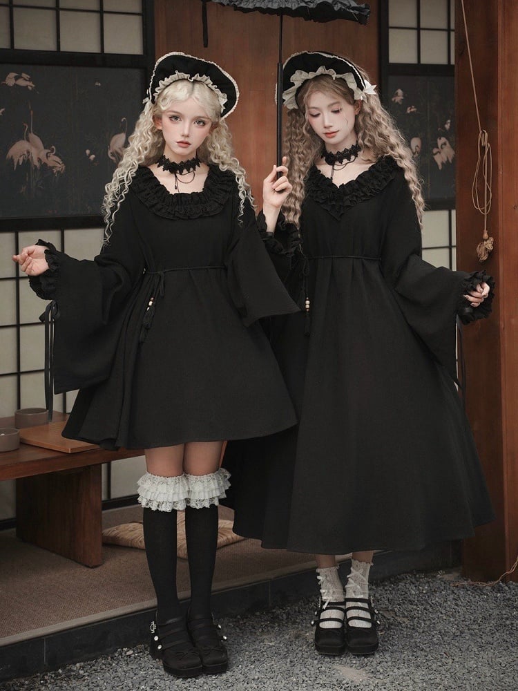 Dress Sleeves Short Neckline Version Black Ruffled Wa Long Square Lolita