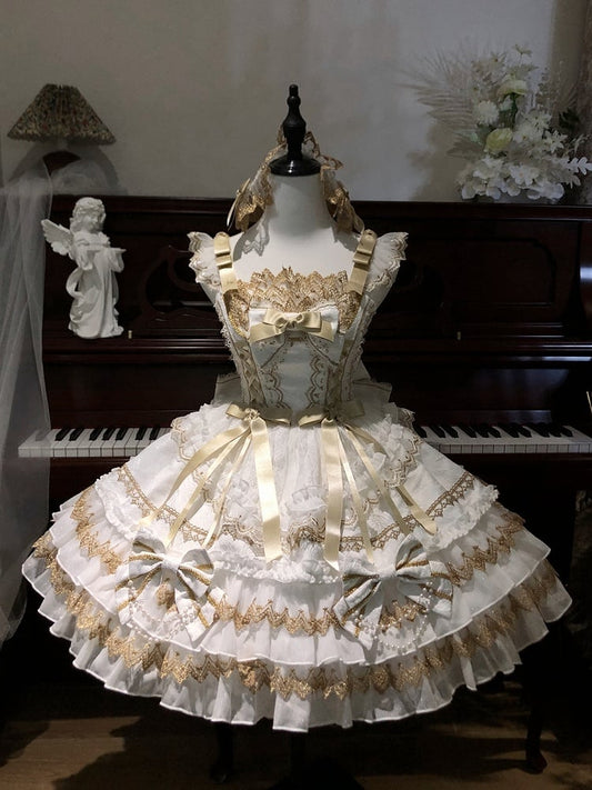 Bead Lolita Decorated White Dress Bows Chain Tiered Skirt Princess