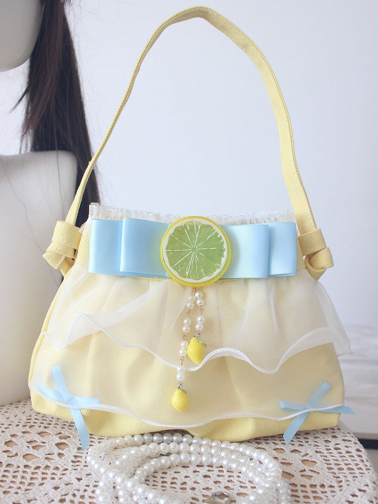 Detail mit blau verziert + Schulter gelb Spitze Zitrone Tasche Hand Bowknot Perlen Riemen