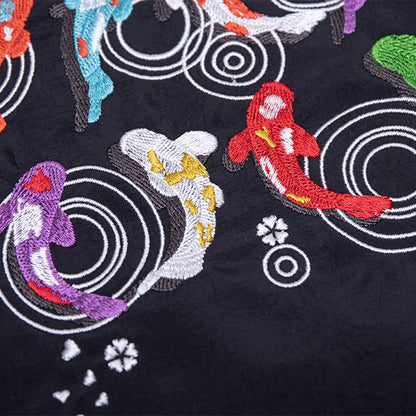 Trendy Koi Black Tote Bag With Zipper Closure And Drawstring Strap Lucky Embroidery