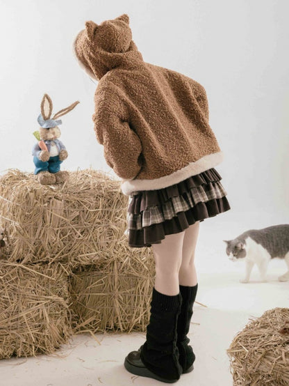 Brauner Fleece-Wintermantel mit Kapuze und Ohren des Kleinen Pandas