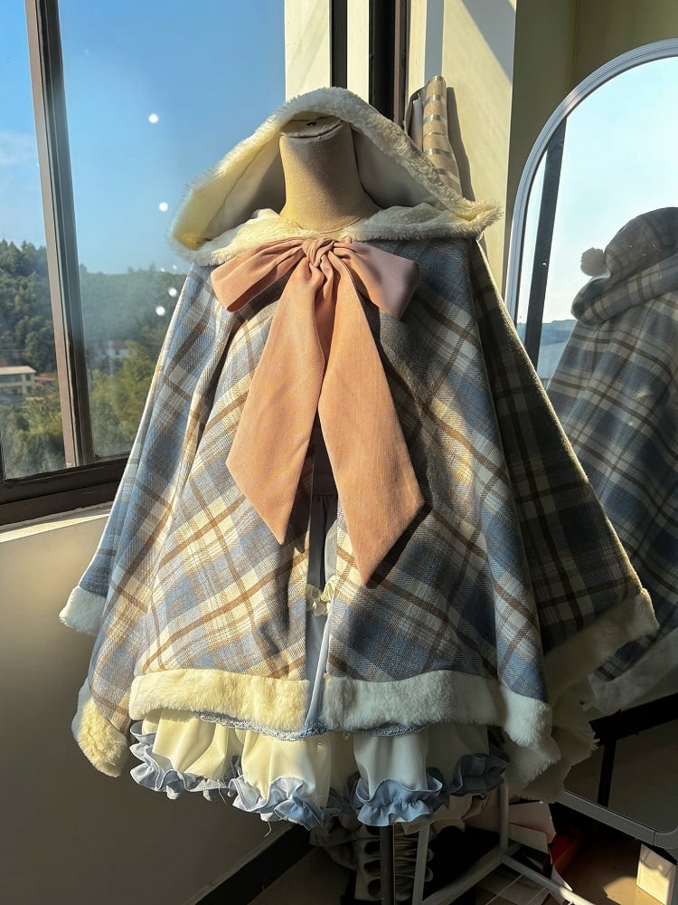 Blue Plaid Pattern Self-tie Big Bow Neckline Hooded Cape Coat