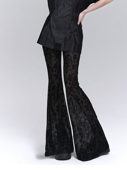 Gothic Black Lace Rosette Flared Pants