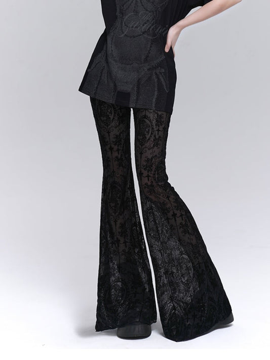 Pantalon évasé gothique en dentelle noire à rosace