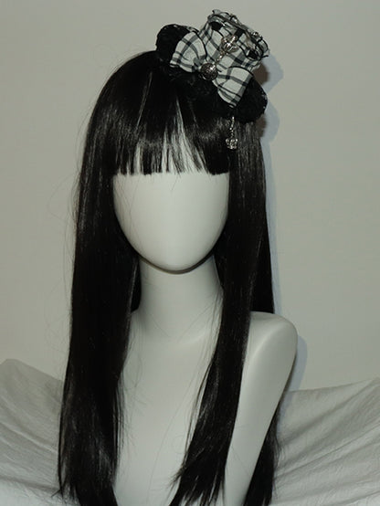 Mini Charm Scoop Pattern Crown Plaid Decorated BlackWhite Hat Bowknot And Fork