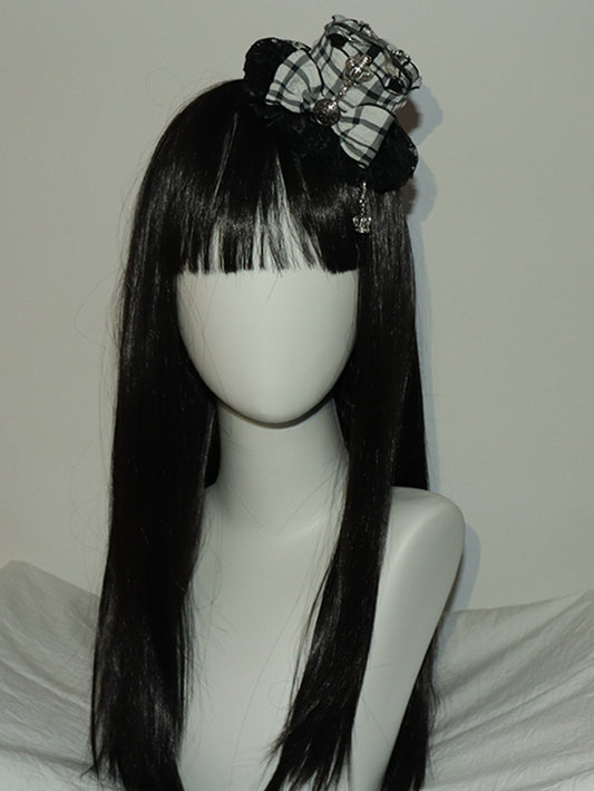 Mini Charm Scoop Pattern Crown Plaid Decorated BlackWhite Hat Bowknot And Fork