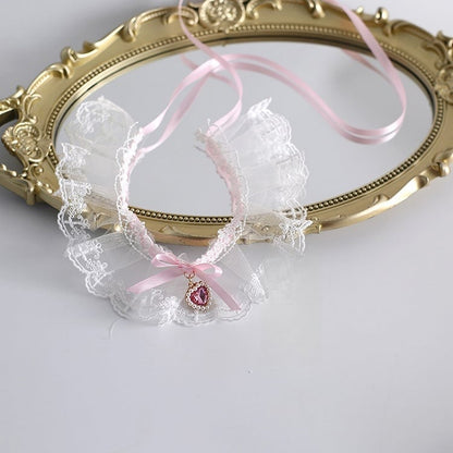 Spitzenhalsband mit Herz, weiß, rosa, Charm, Schleife und süß