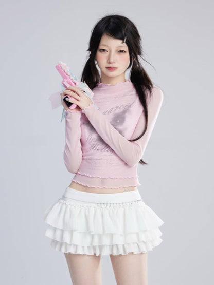 Pink/White Semi-sheer Top Butterfly Print Lettuce Hem Mesh