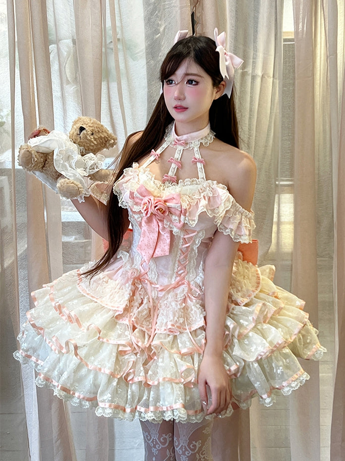 Pink Dress Ruffles Corset Fairy Princess Lace Kei Halter Tiered Neck Waist Skirt