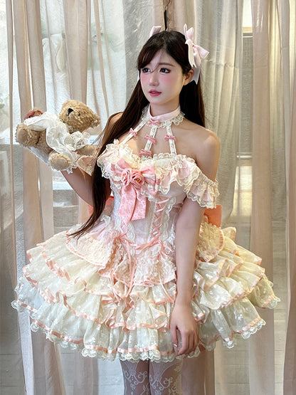 Pink Dress Ruffles Corset Fairy Princess Lace Kei Halter Tiered Neck Waist Skirt