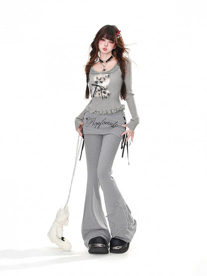 Grey Star Applique Glamorous Flared Pants with Lace-up Detail at Side