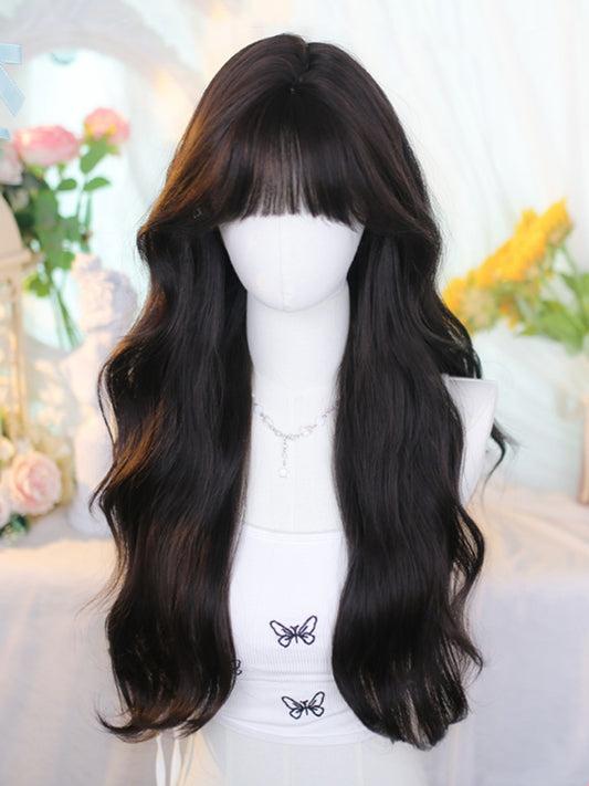 Black Tea/Brown Under Bust Length Wavy Wig with Air Bangs