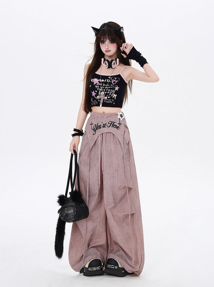 Accessory Punk Pants with Asymmetrical Dusty Pink Drawstring Waist Wasteland Waist