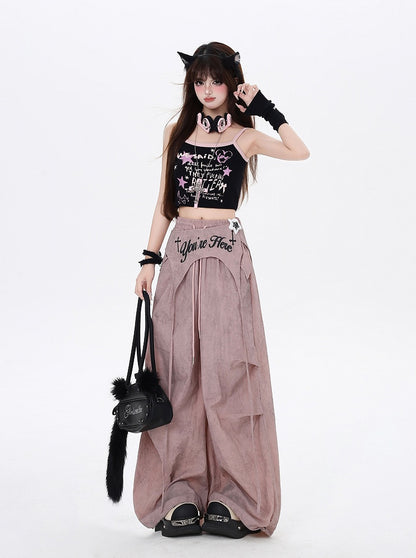Accessory Punk Pants with Asymmetrical Dusty Pink Drawstring Waist Wasteland Waist