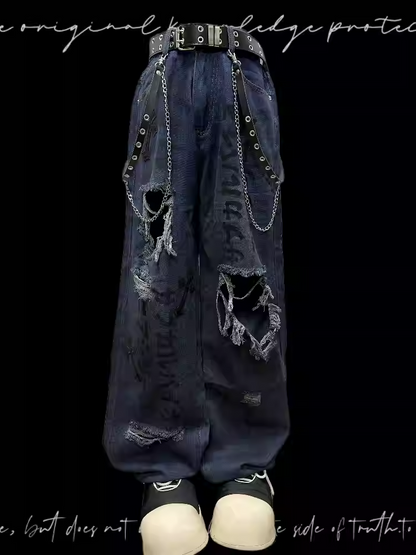Raw Hem Punk Jeans Blue Distressed Holes