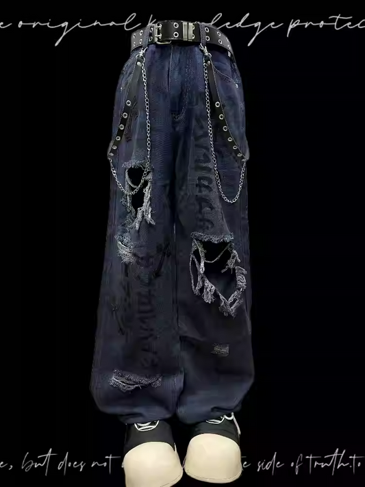 Raw Hem Punk Jeans Blue Distressed Holes
