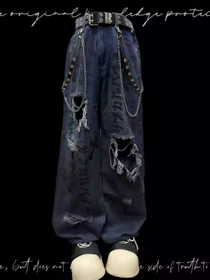 Raw Hem Blau Distressed Löcher Jeans Punk