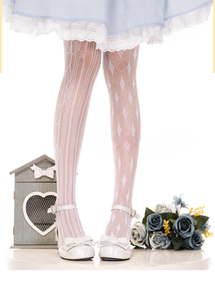 Weiße Lolita-Netzstrumpfhose mit Rautenmuster