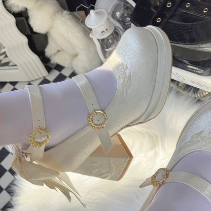 Middle Heels of the Mary Detachable White Lily Embroidery Satin Valley Bowknot Janes