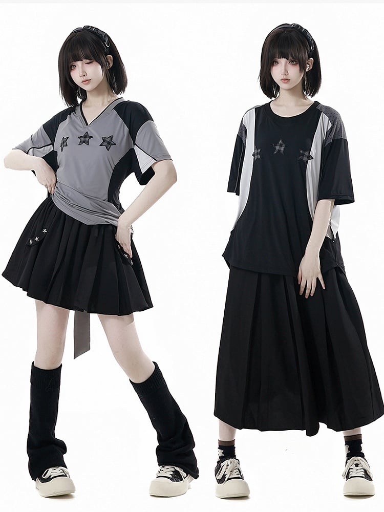 Long/Short Version Black Elastic Waist Star Studs Skirt